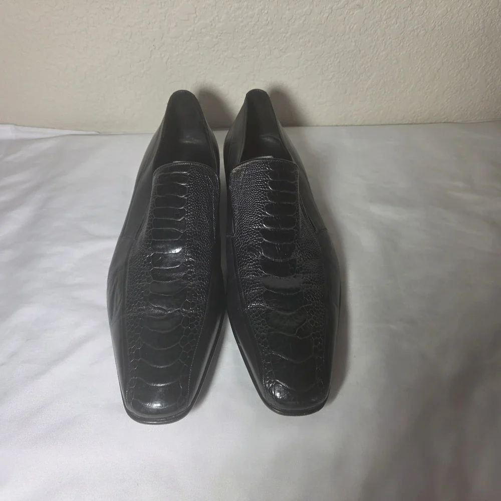 Moreschi M-10.5 Blk Ostrich Leg Leather Loafers Square Toe Made in Italy K 6284